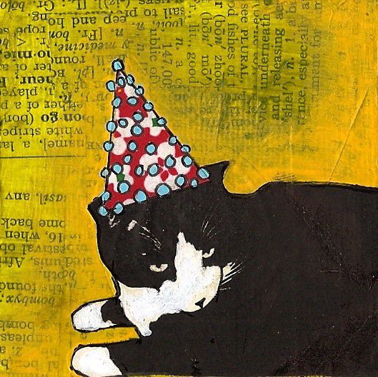 Eli's Party Hat, 3" x 3", photo transfer, origami paper, dictionary, pen, and Acryla gouache on canvas, 2011.